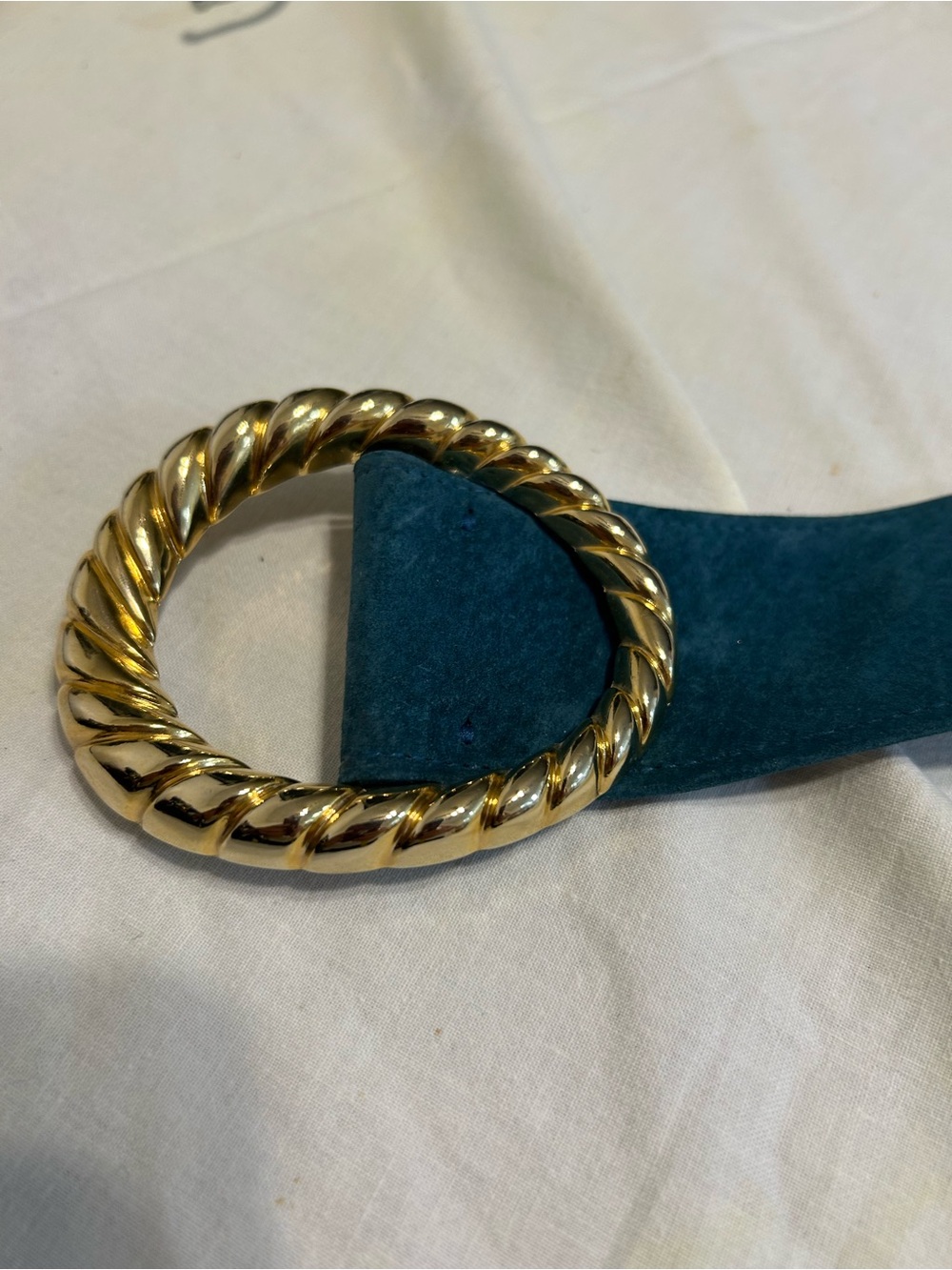 Gold Twisted Ring Buckle Teal Suede Women’s Belt
